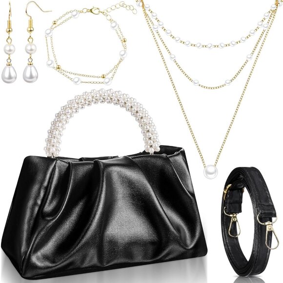 Chic Black Evening Clutch with Elegant Pearl Jewelry Set - Dress Up in Style - Picture 1 of 6